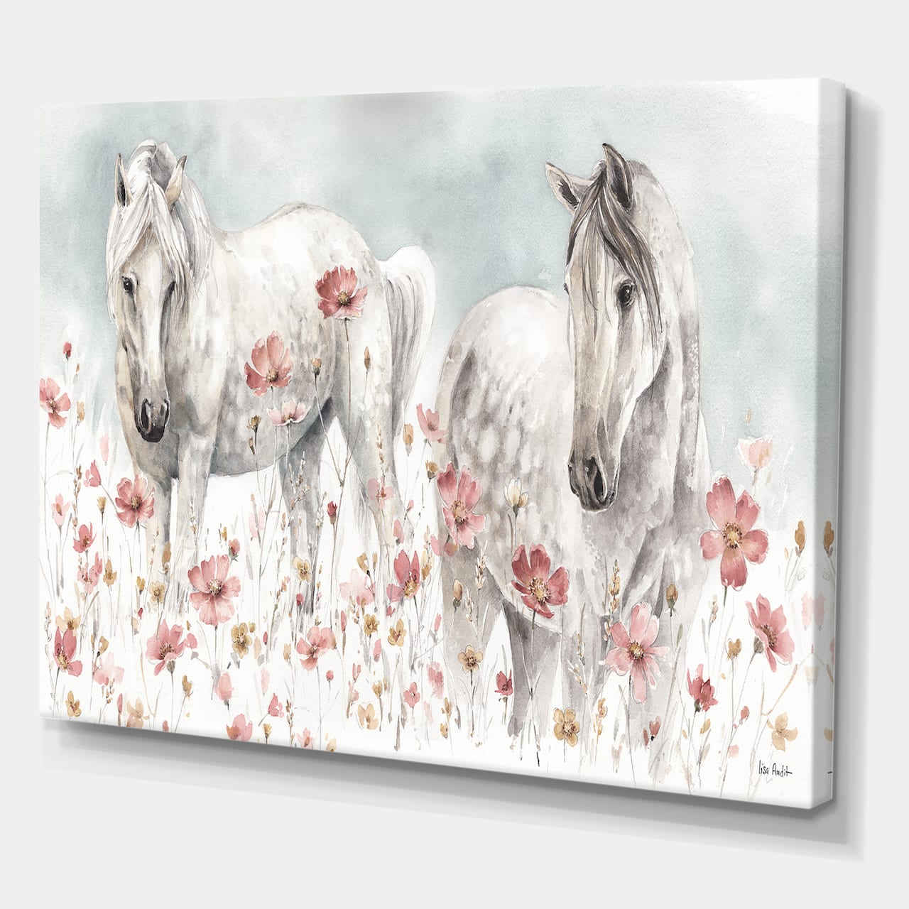 Designart - watercolors Pink Wild Horses - Farmhouse Premium Canvas Wall Art